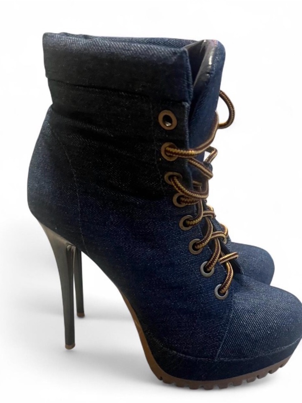Shoe Republic LA Dark Blue Denim Lace-Up Stiletto Ankle Boots Y2K Beyonce